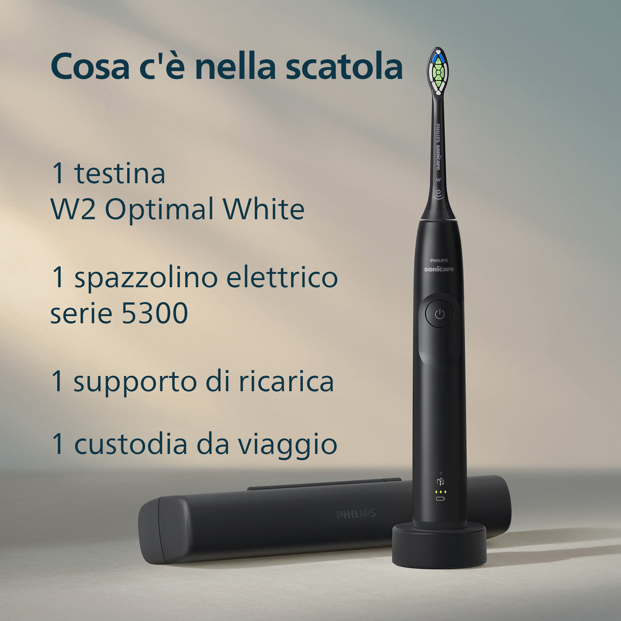 Philips Sonicare serie 5300 Spazzolino elettrico sonico con base di ricarica, 2 livelli intensità, sensore di pressione colore nero HX7101/02