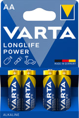 Varta Longlife Power, Batteria Alcalina, AA, Mignon, LR6, 1.5V, Blister da 4, Made in Germany