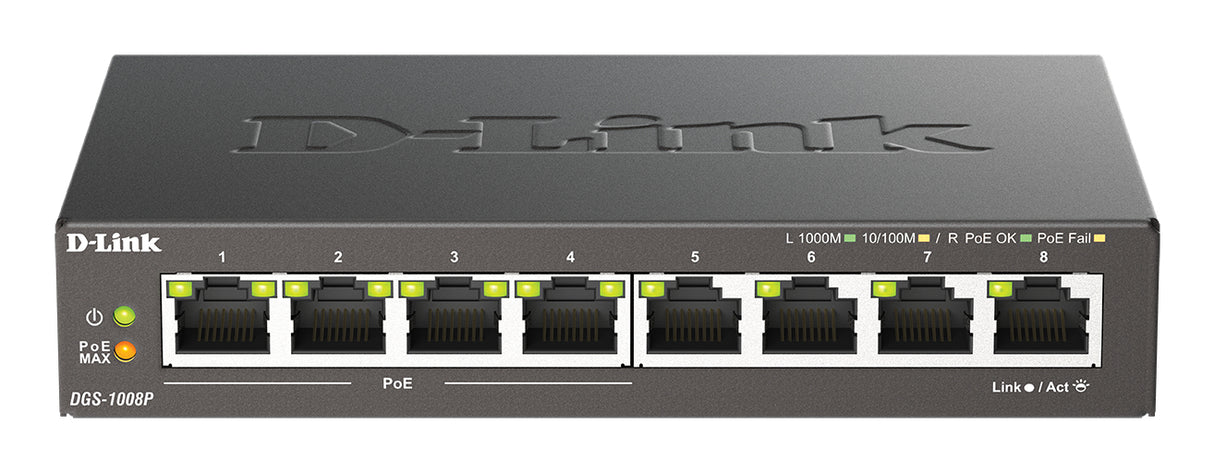 D-Link DGS-1008P/E switch di rete Non gestito L2 Gigabit Ethernet (10/100/1000) Supporto Power over Ethernet (PoE) Desktop Nero