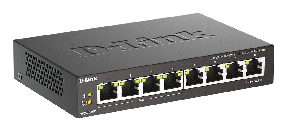 D-Link DGS-1008P/E switch di rete Non gestito L2 Gigabit Ethernet (10/100/1000) Supporto Power over Ethernet (PoE) Desktop Nero