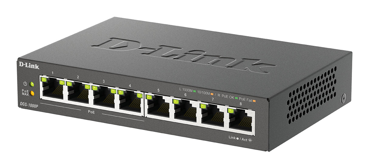 D-Link DGS-1008P/E switch di rete Non gestito L2 Gigabit Ethernet (10/100/1000) Supporto Power over Ethernet (PoE) Desktop Nero