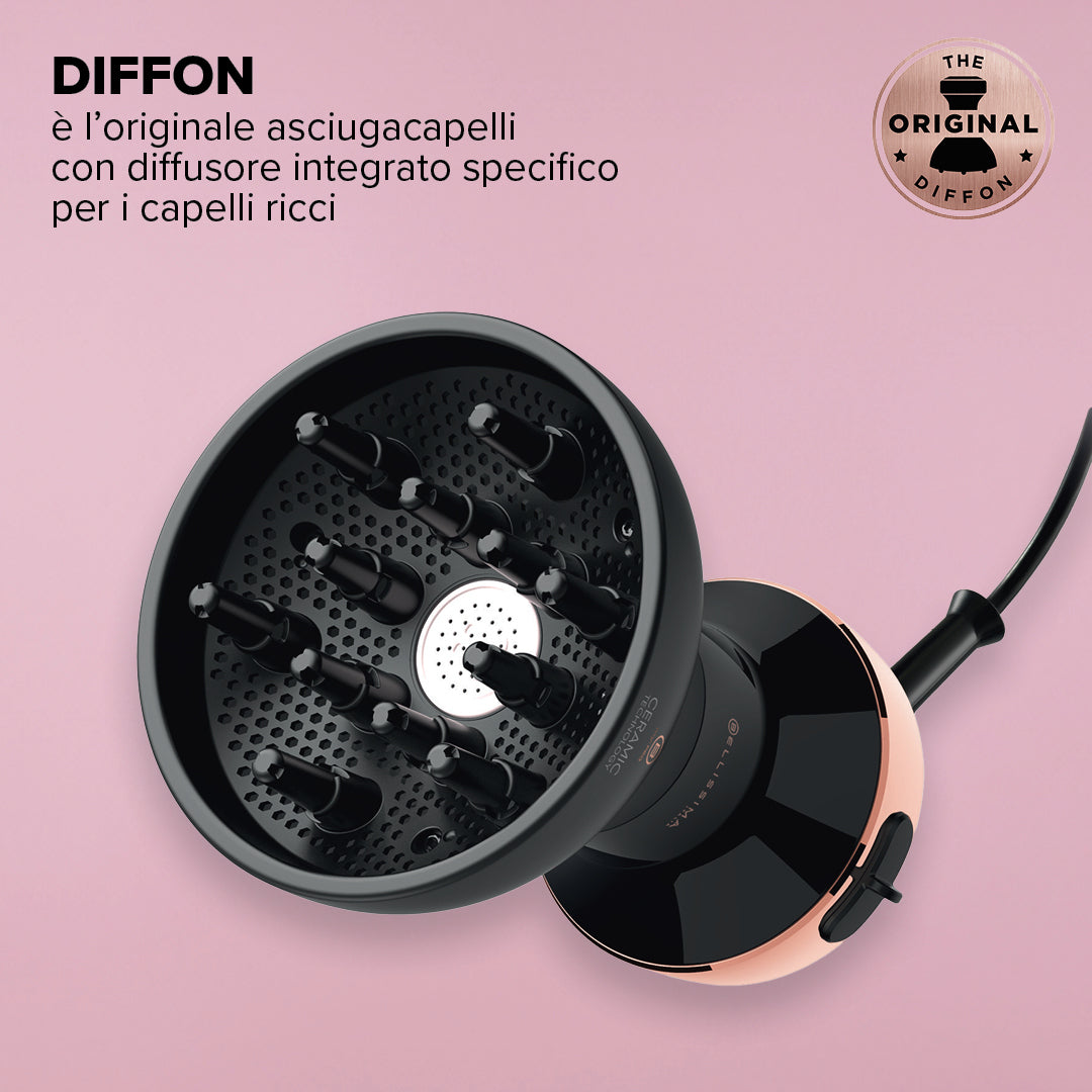 Bellissima My Pro Diffon Ceramic, Diffusore ad Aria Calda per Capelli Ricci, Tecnologia Ceramica, 700 W, 2 Combinazioni Aria/Temperatura, Asciugatura Delicata Senza Effetto Crespo