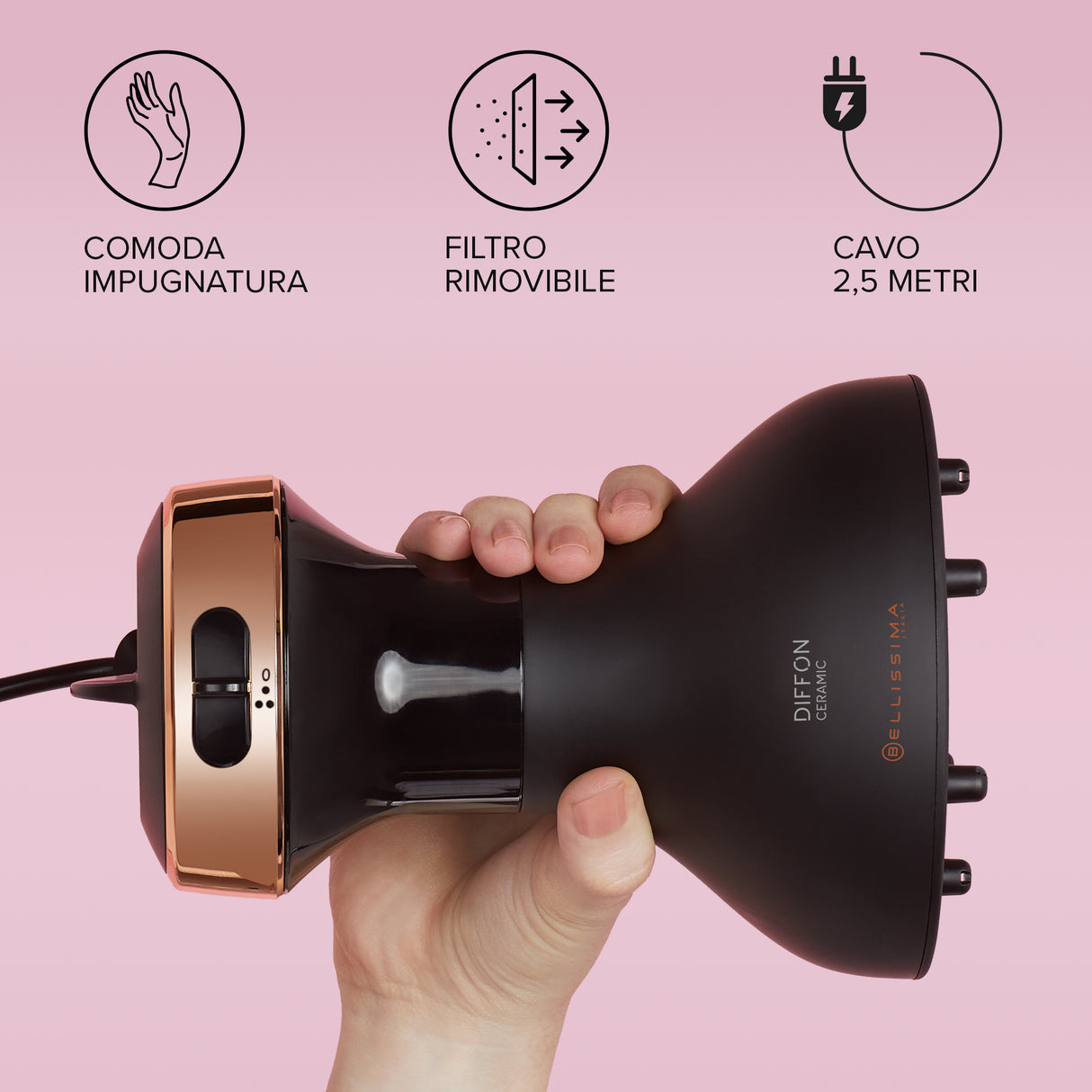 Bellissima My Pro Diffon Ceramic, Diffusore ad Aria Calda per Capelli Ricci, Tecnologia Ceramica, 700 W, 2 Combinazioni Aria/Temperatura, Asciugatura Delicata Senza Effetto Crespo