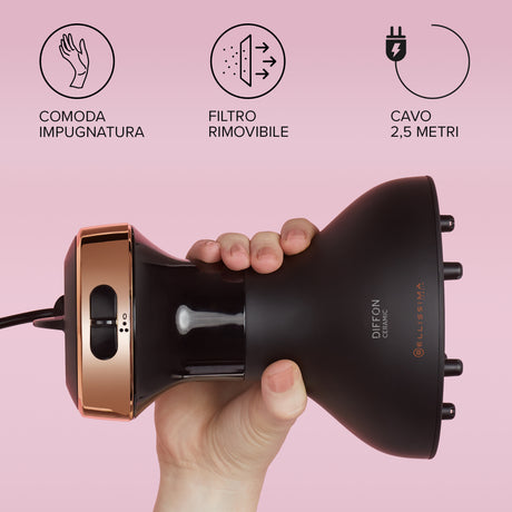 Bellissima My Pro Diffon Ceramic, Diffusore ad Aria Calda per Capelli Ricci, Tecnologia Ceramica, 700 W, 2 Combinazioni Aria/Temperatura, Asciugatura Delicata Senza Effetto Crespo