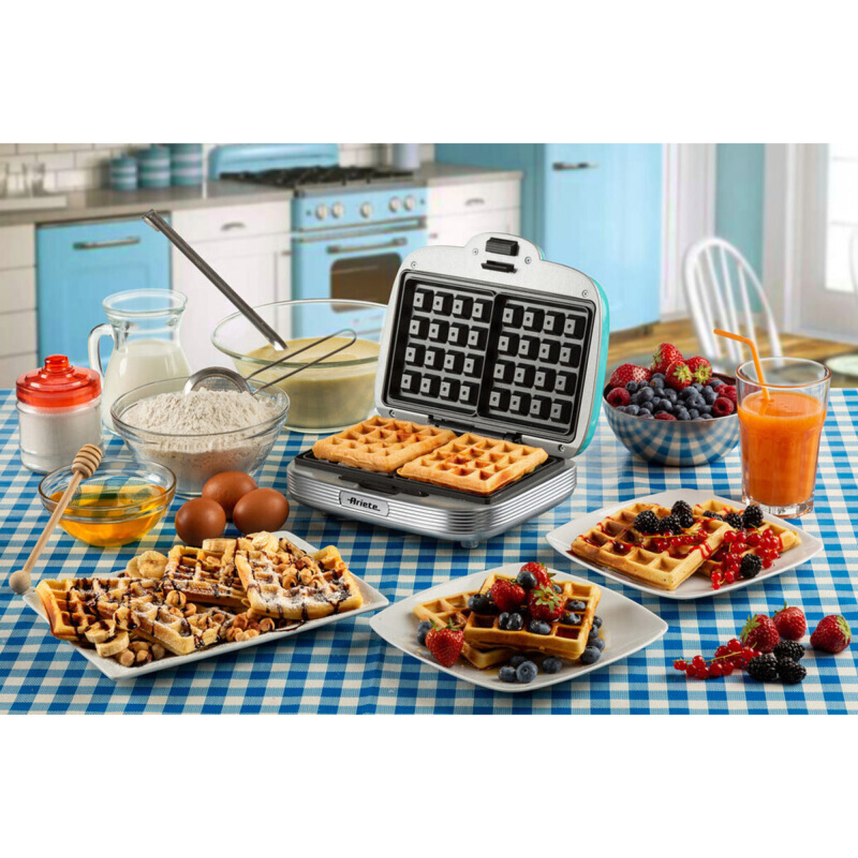 Ariete 1973 Waffle Maker Party Time - Piastra Elettrica per Waffle - Piastre Antiaderenti - 700 Watt - Celeste