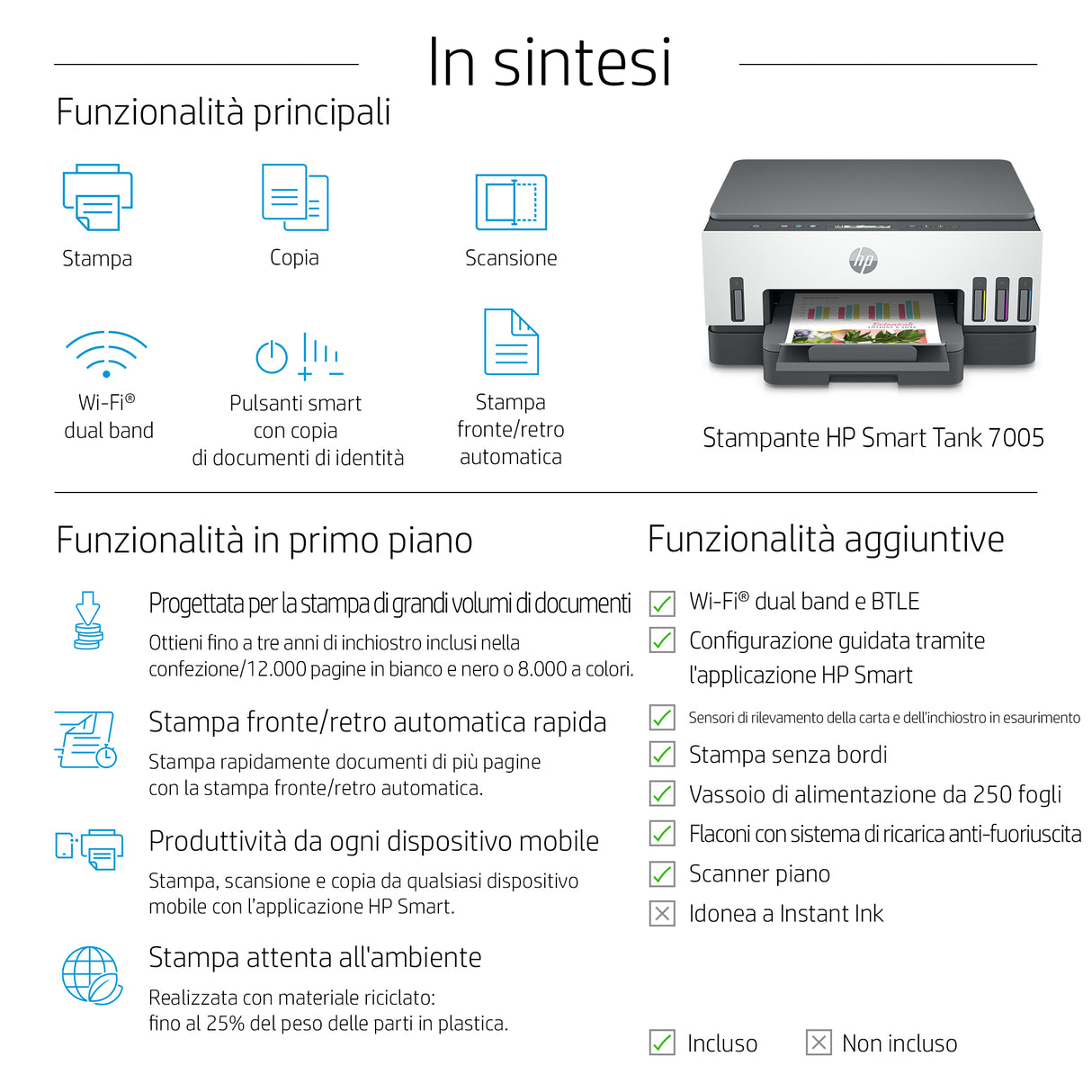 HP Smart Tank 7005 Wireless All-in-One Colore Stampante, Stampa fronte/retro; fotocopiatrice, scanner