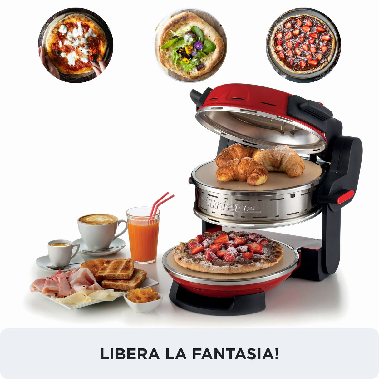 Ariete 927 Pizzeria , Forno pizza doppio, 2300 W, 2 pietre refrattarie, 2 pizze in 4 minuti, 2 termostati, Diametro 32 cm, 5 livelli di cottura, 2 pale in acciaio inox, Rosso