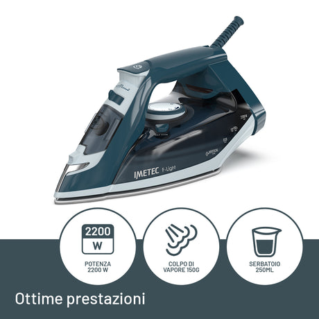Imetec F-Light Ferro da Stiro a Vapore, Leggero, Piastra Superscorrevole con Rivestimento Glide Ceramic, Colpo vapore 150g, Doppia Protezione anticalcare, 2200 W