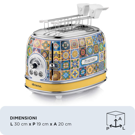 Ariete 155 Tostapane Positano, 810W, 2 fette, 6 livelli di doratura, Vassoio raccogli briciole, Funzione defrost, Espulsione automatica