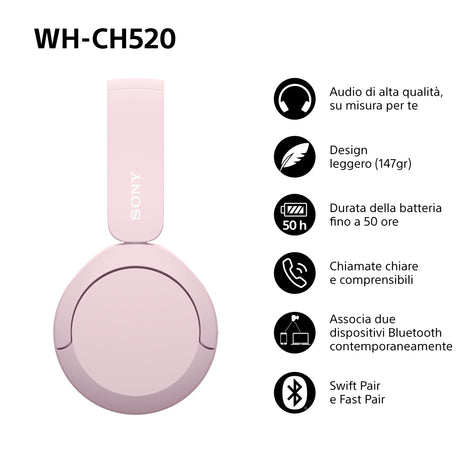 Sony WHCH520P.CE7 cuffia e auricolare Wireless A Padiglione Musica e Chiamate USB tipo-C Bluetooth Rosa