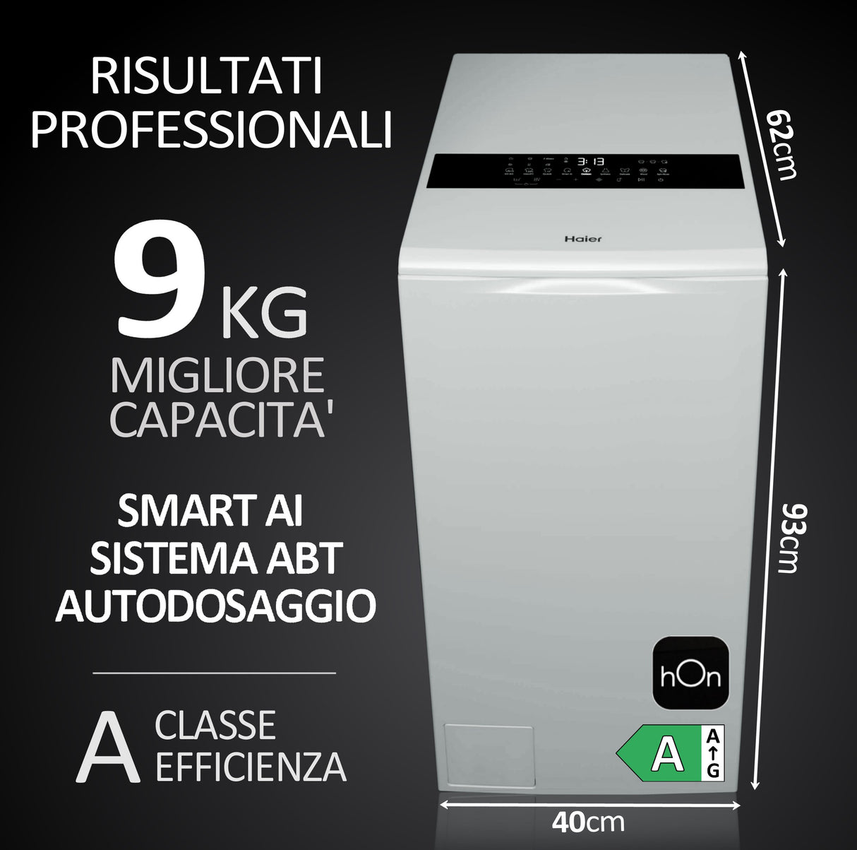 Haier HW90-BPD13386U-S LAVATRICE CARICA ALTO, AUTODOSE, Caricamento dall'alto, 9 kg, 62 cm, Classe A