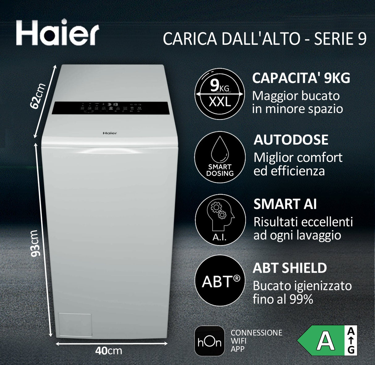 Haier HW90-BPD13386U-S LAVATRICE CARICA ALTO, AUTODOSE, Caricamento dall'alto, 9 kg, 62 cm, Classe A