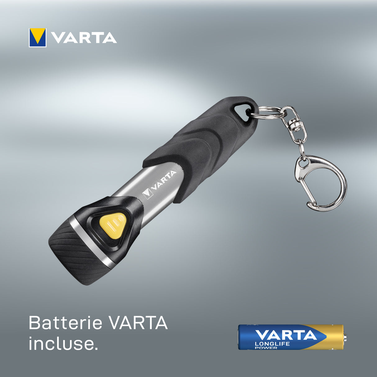 Varta Day Light Key Chain LED Flashlight (incl. anello portachiavi e 1x batteria AAA Longlife Power, antiurto) argento/nero per la casa, tutti i giorni, interruzioni di corrente