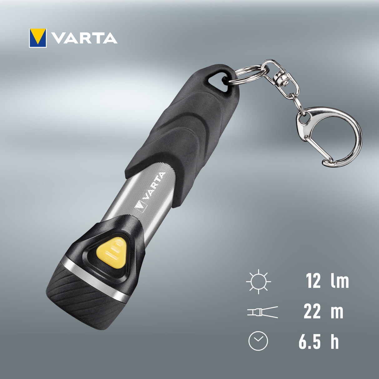 Varta Day Light Key Chain LED Flashlight (incl. anello portachiavi e 1x batteria AAA Longlife Power, antiurto) argento/nero per la casa, tutti i giorni, interruzioni di corrente
