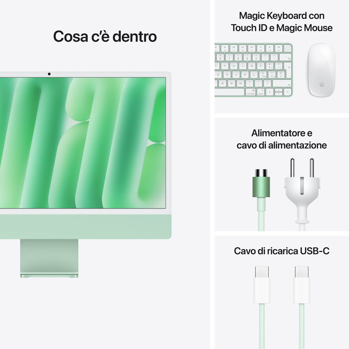 Apple iMac 24" Retina Display 4,5K - Chip M4 con 10-core CPU e 10‑core GPU - Archiviazione da 256GB SSD e 16GB di memoria unificata con Magic Keyboard - Verde, MWUY3T/A