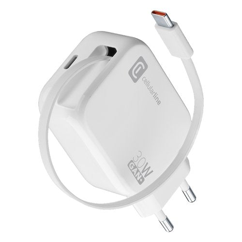 Caricabatterie Cellular Line ACHROLLUSBCGAN30WW RETRACTABLE 30W GaN Wh