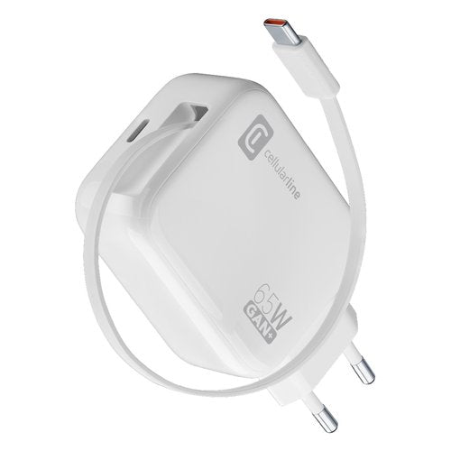 Caricabatterie Cellular Line ACHROLLUSBCGAN65WW RETRACTABLE 65W GaN Wh