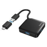 Hama Hub USB 3.0 da tavolo, 4 porte, cavo integrato con adattatore Type C,nero