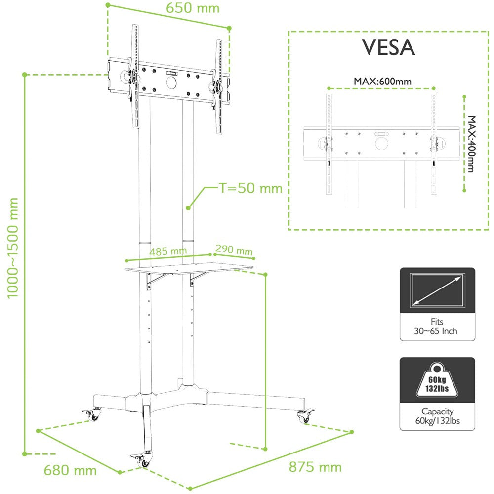 Techly Supporto a Pavimento con Mensola Trolley TV LCD/LED/Plasma 30-65" (ICA-TR6)