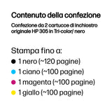 HP 305 2-Pack Tri-color/Black Original Ink Cartridge cartuccia d'inchiostro 2 pz Originale Resa standard Nero, Ciano, Magenta, Giallo