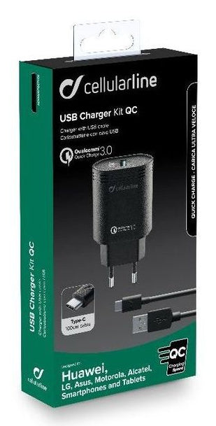 Cellularline USB Charger Kit 18W - USB-C - Huawei, Xiaomi, Wiko, Asus and other smartphone Caricabatterie da rete adattivo 18W con cavo USB-C