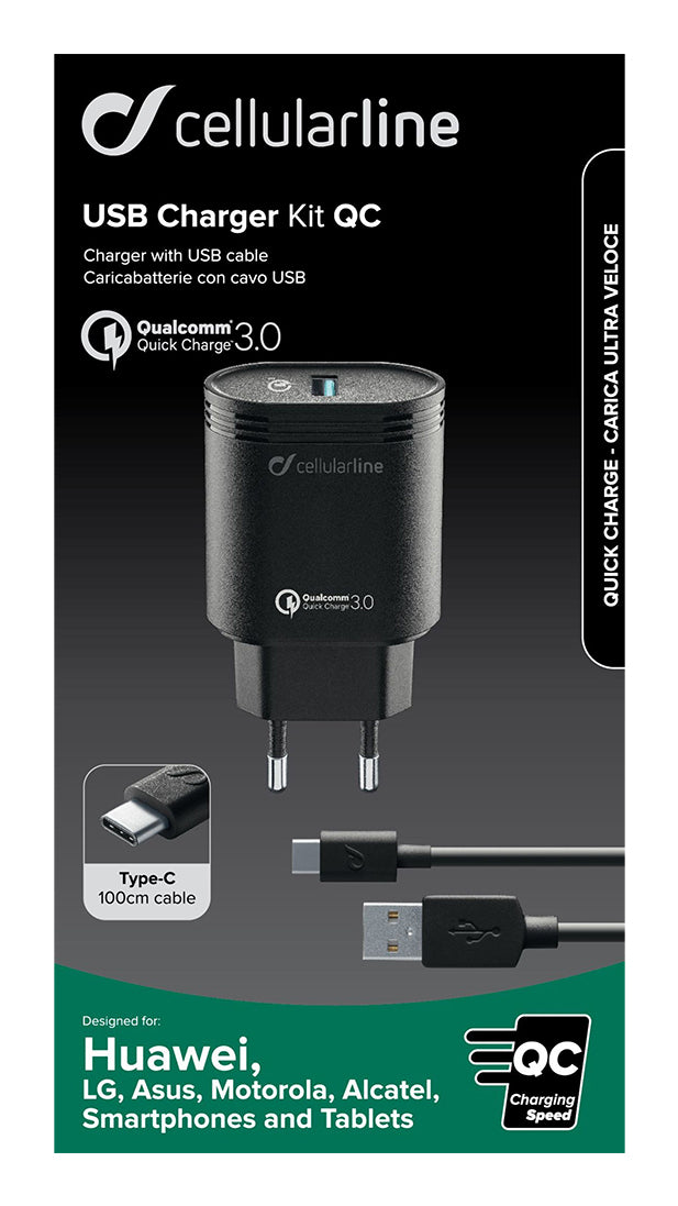 Cellularline USB Charger Kit 18W - USB-C - Huawei, Xiaomi, Wiko, Asus and other smartphone Caricabatterie da rete adattivo 18W con cavo USB-C