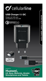 Cellularline USB Charger Kit 18W - USB-C - Huawei, Xiaomi, Wiko, Asus and other smartphone Caricabatterie da rete adattivo 18W con cavo USB-C
