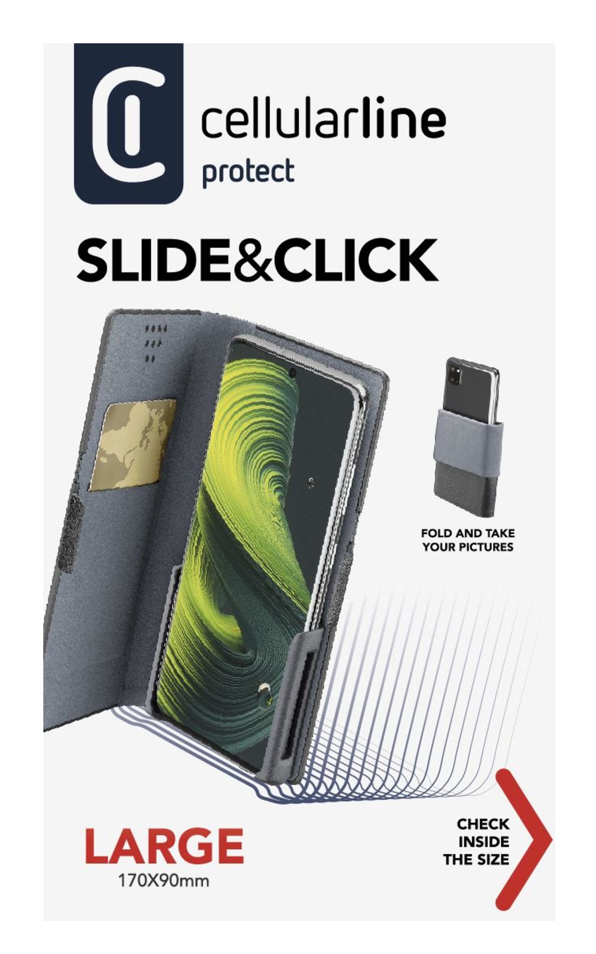 Cellularline Slide & Click - L: (Misure max telefono: 90mm X 170mm) Custodia a libro multicompatibile effetto pelle