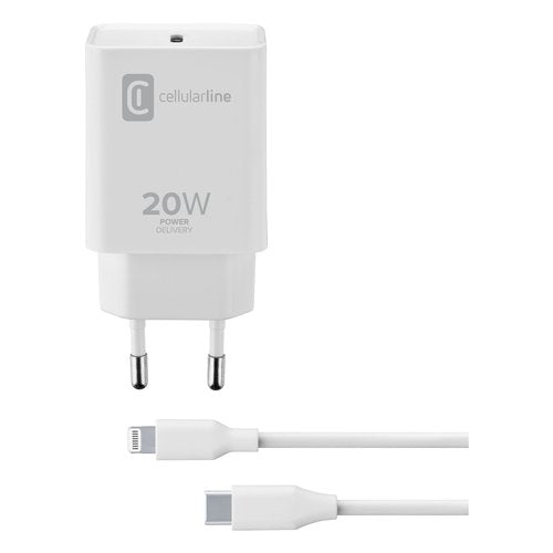 Cellularline USB-C Charger Kit 20W - USB-C to Lightning - iPhone 8 or later Caricabatterie da rete USB-C 20W per la carica alla massima velocità di iPhone 8 e successivi con cavo USB-C to Lightning